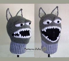 two pictures of hats with mouths and teeth on them, one is made to look like a monster