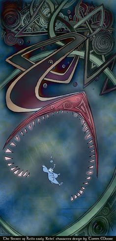 an artistic painting depicting a shark with its mouth open