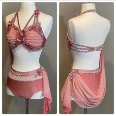 two pictures of a woman's dance outfit on mannequins, one in pink and the other in red