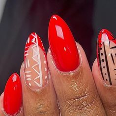 BIG LO the almond slayer on Instagram: "🗿🛖🛕.,  . . #002 gel is unmatched @vbeautypure ❤️ . . #tribalprint #tribal #tribalprintnails #rednails #frenchtip #frenchtips #frenchtipnails #dfwnails #dallasnails #dallasnailtech #dfwnailtech" Mixed Nail Shapes, Almond Gel Nails Fall, French Manicure Designs Almond Shape, Red Nails Dark Skin, Designs For Almond Shaped Nails, Trendy Fall Nails Acrylic, Nail Colors 2024, Fun Gel Nails, Monochromatic Nails