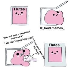 four different types of cartoon characters with the words flutes, flutes and flutes on them