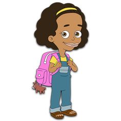 a girl with a pink backpack and brown shoes is standing in front of a white background