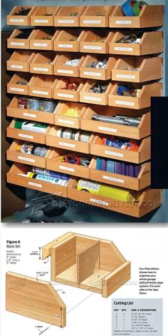 an image of a wooden storage rack with drawers on it and instructions to make it