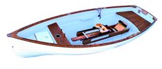 a small wooden boat with two seats on the front and one seat folded down to the side