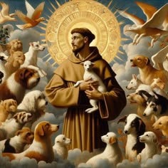 a painting of st john the baptist surrounded by many dogs and birds in front of him