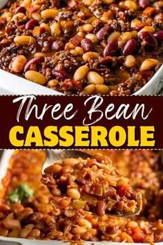 three bean casserole in a white dish with a spoon