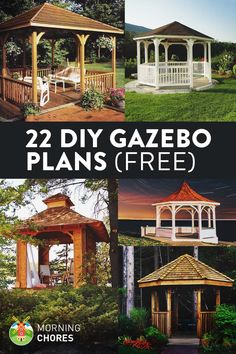 two gazebo plans are shown with the text, 22 diy gazebo plans free