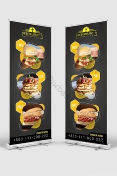 two roll up banners with images of sandwiches on them