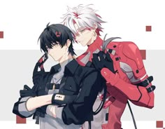 two anime characters standing next to each other in front of a white and red background