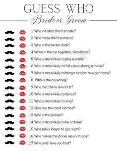 a printable question card with the words guess who bride or groom?