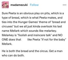 a text message with an image of a woman in bed and the caption reads,'madmezuki follow sure peeta is obvious play on pita, which is a type of bread, which