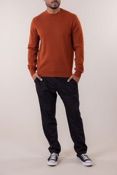 Our Classic Crewneck Sweater features a timeless look, perfect for dressy and casual occasions alike. MC81F23 - 100% Cashmere- Ribbed collar, cuffs and hem- Model is 6'2" and wearing a size Large Burnt Orange Sweater, Orange Sweater, Grey Flannel, Ink Blue, Sweater Men, Every Man, Dress With Cardigan, Crewneck Sweater, Burnt Orange