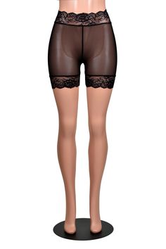 Mannequin wearing High-Waisted Sheer Black Mesh Stretch Lace Shorts (5" inseam). Shorts have 3" wide black scalloped stretch lace trim around the waist and legs. Sheer Lace Brief Bottoms, Black Stretch Shorts With Lace Trim, Fitted Mesh Brief Bottoms, Sheer Stretch Brief Bottoms, Stretch Mesh Bottoms With Built-in Shorts, Stretch Bottoms With Contrast Lace For Summer, Summer Bottoms With Stretch And Contrast Lace, Summer Bottoms With Contrast Lace And Stretch, Fitted Lace Shorts