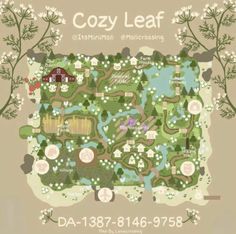 the map for cozy leaf, which is located in an area with lots of trees and flowers