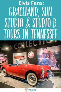 an old red car is on display with the words elvis fans graceland, sun studio & studio b tours in tennessee