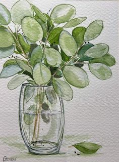 a watercolor painting of green leaves in a glass vase