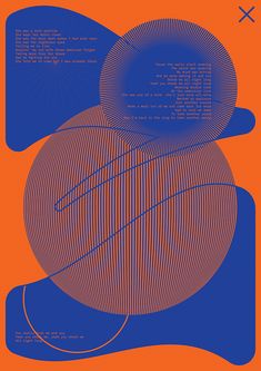 an orange and blue poster with lines in the shape of two balls on top of each other