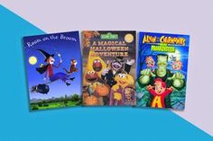 three children's books with cartoon characters in the covers and one is reading an animated halloween story