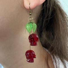 Cherry Skull Earrings Cherry Dangle Earrings With Ear Wire, Cherry Earrings Aesthetic, Handmade Trendy Cherry Earrings, Skull Cherry Earrings, Cherry Color Dangle Earrings, Silver Round Earrings, Red Bead Earrings, Baublebar Earrings, Cherry Earrings