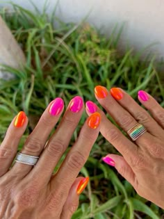 Oval Bright Nails, Orange And Pink Dip Nails, Hot Pink And Orange Nail Designs, Pedicure Bright Colors, Summer Nails Hot Pink And Orange, Bright Colored Nail Ideas, Colorful Bright Nails, Bright Orange Chrome Nails, Orange Nail Inspo Short