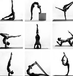 black and white photograph of woman doing yoga poses in various positions, including the handstand