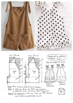 an image of sewing patterns for children's overalls and shorts, with instructions to sew them