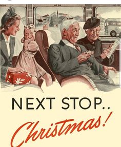 an old fashioned christmas card with people on the bus