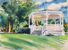 a watercolor painting of a gazebo in the park