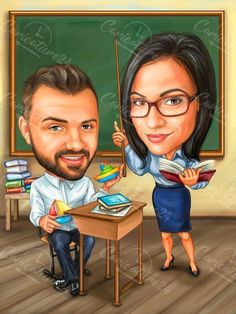 a caricature of a man and woman in front of a desk with books