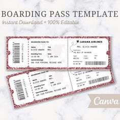 two red and white boarding pass templates on a marble background with the words, boarding pass