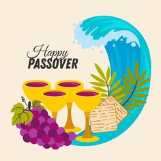 happy passover with three goblets and grapes