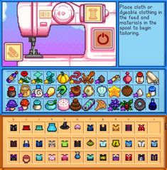 Sewing Machine Stardew Valley, Cute Clothes Stardew Valley, Stardew Valley Upgrade Tools, Stardew Tailoring Guide, Tailoring Stardew Valley, Stardew Valley Helpful, Stardew Sewing Recipes, Stardew Valley Hidden Secrets