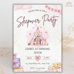 a pink princess birthday party card with a teepeer tent and presents on it