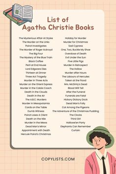 A list of Agatha Christie Books with a cartoon depiction of the author. Personalidad Infj, Until The Very End, Book Reading Journal, Books To Read Nonfiction, 100 Books To Read, Unread Books, Recommended Books To Read