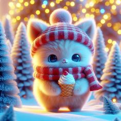 a small cat wearing a red and white scarf holding an ice cream cone in front of christmas trees