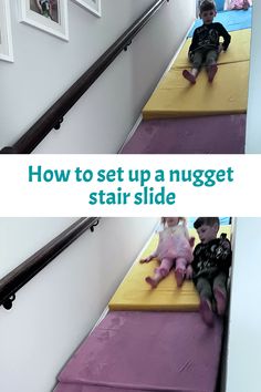 two pictures of children sitting on the stairs with their feet in the air, and one showing how to set up a nugget stair slide