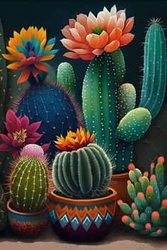 a painting of cactuses and cacti in pots