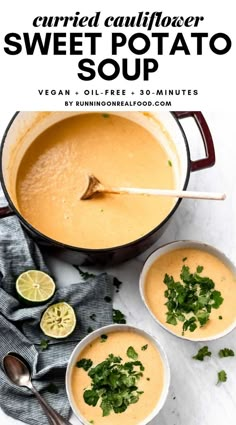 two bowls filled with sweet potato soup and garnished with cilantro