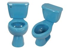 two blue toilets sitting next to each other