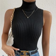 Sleeveless Turtleneck Outfit, Turtle Neck Sleeveless Top, Turtle Neck Sleeveless, Turtleneck Outfit, Design Moda, Sleeveless Knit Top, Sleeveless Turtleneck, Ribbed Knit Top