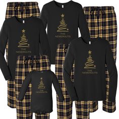 Outfit the whole family young and old. Nothing says Christmas matching family pajamas...say cheese! This festive Christmas Tree flannel set comes with a luxe 100% cotton jammie t-shirt in black with matching black plaid flannel pajama bottoms. Put the kids to bed in their Christmas pjs and let them rip open those packages Christmas morning. Your options are endless. This cozy pajama set is so comfortable it will be your go to uniform all winter break long. Set includes a black long sleeve t-shir Christmas Family Pj Shirts, Cute Family Christmas Pajamas, Family Xmas Pajamas, Holiday Pjs Family, Matching Christmas Shirts Families, Christmas Family Pajamas Ideas, Couple Pajamas Matching, Christmas Jammies Family, Matching Christmas Pajamas Family