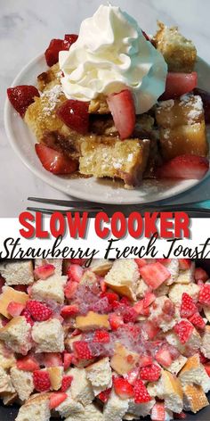 two pictures with strawberries, french toast and strawberry shortcakes on them in the same pan