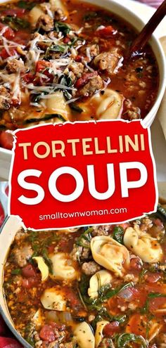 tortellini soup in a white bowl with a red sign that says tortellini soup