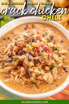 Slow Cooker Cream Cheese Crack Chicken Chili - this stuff is AMAZING! We've made it 3 times this month! We can't get enough of it!!! Chicken, corn, black beans, chicken broth, diced tomatoes and green chiles, cumin, chili powder, onion, ranch seasoning, bacon and cheddar cheese. We served the chili with some cornbread and Fritos. PERFECT! This is already on the menu again this weekend! YUM! #crockpot #slowcooker #chicken #chili Chili White Chicken, Chicken Chili White, Slow Cooker Chicken Chili Recipe, Mexican Chicken Chili, Chili White, Chicken Chili Soup, Cream Cheese Chicken Chili, White Chicken Chili Slow Cooker, Chicken Chili Crockpot