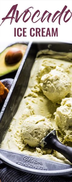 avocado ice cream in a pan with spoon