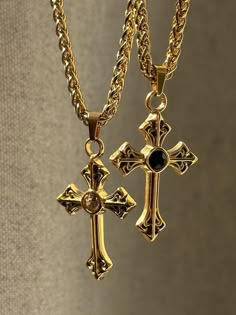 The Saint Necklace 🤍 Featuring a unique gold cross of your choice and an 18k gold plated stainless steel woven chain. Shower proof!  I tried to show both colors in various settings with different lighting- they both feature a cz crystal (choose between champagne and black)  Unisex & tarnish proof- choose desired length at checkout 🖤 each will come with an extender for adjustability.  Made with love 🫶 Unique Cross Necklace, Gold Gothic Jewelry, Black Jewelry Aesthetic, Big Cross Necklace, Stacked Gold Necklaces, Black And Gold Jewelry, Saint Necklace, Streetwear Jewelry, Dope Jewelry Accessories