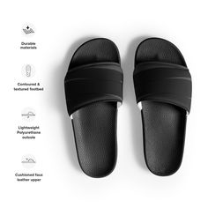 This pair of Black H Stripes BeSculpt Men's Slides gives you comfort and style while walking anywhere, whether it's at the airport, around the block, to the beach, or to the pool. A pair of these will keep you comfy throughout your day thanks to the cushioned upper strap and the textured footbed. A pair of these will keep you comfy throughout your day thanks to the cushioned upper strap and the textured footbed. View photos closely to see distinct characteristics of the images to help make your Durable Casual Summer Flip Flops, Casual Durable Slides For Beach, Casual Durable Flip Flops For Beach, Durable Casual Beach Flip Flops, Durable Black Open Toe Sandals, Black Fade-resistant Open Toe Slides, Waterproof Casual Flip Flops For Outdoor, Black Slip-resistant Flip Flops For Vacation, Casual Durable Black Sandals