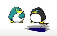 two penguins standing next to each other in front of a white background with blue and yellow accents