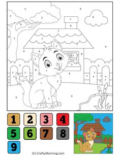 the color by number worksheet for children with an image of a dog in front of