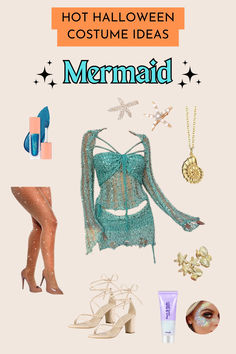 there is a woman's outfit and shoes on display in this poster with the words, hot halloween costume ideas mermaid